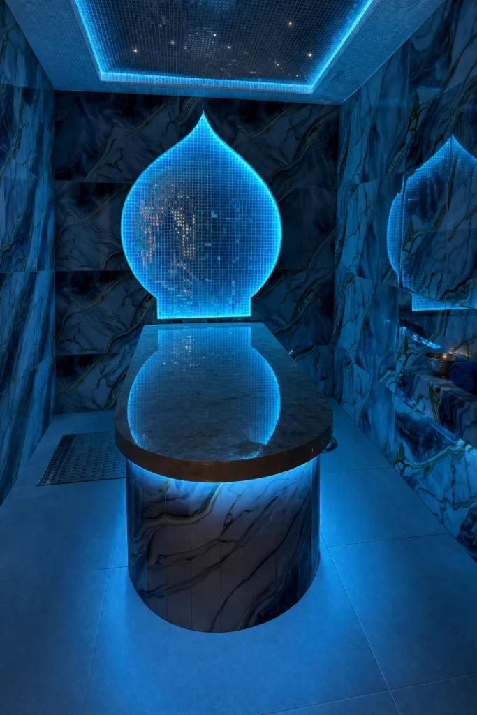 Futuristic spa with glowing mosaic accents
